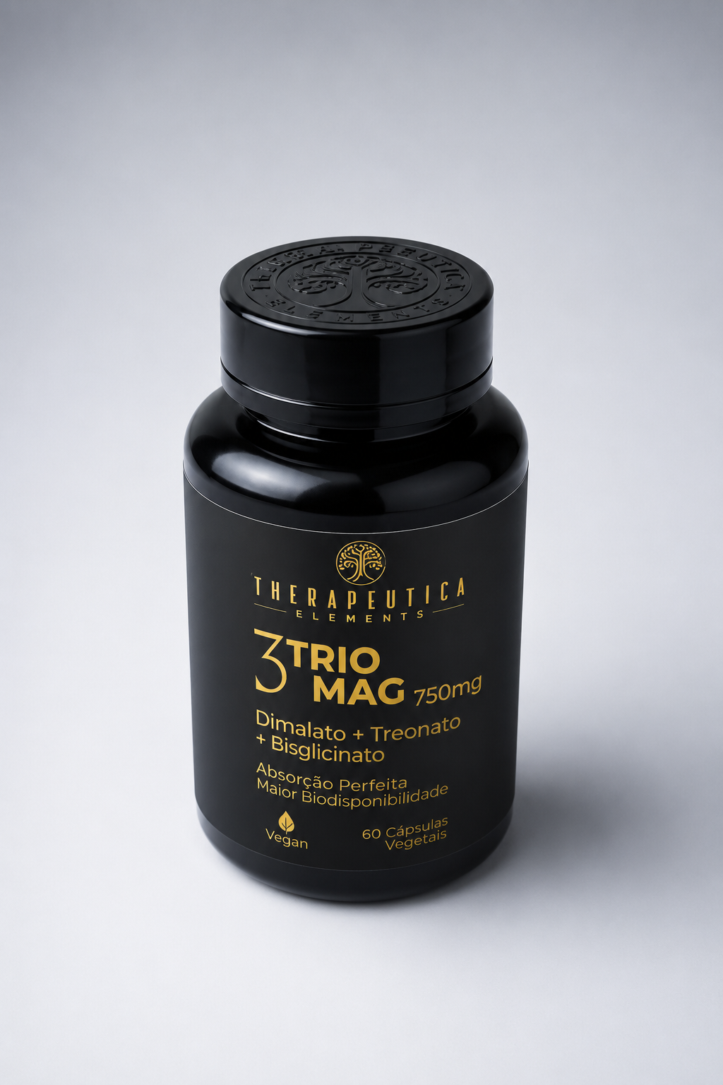 Frasco preto de 3TRIO MAG 750mg com Dimalato + Treonato + Bisglicinato, 60 cápsulas vegetais
