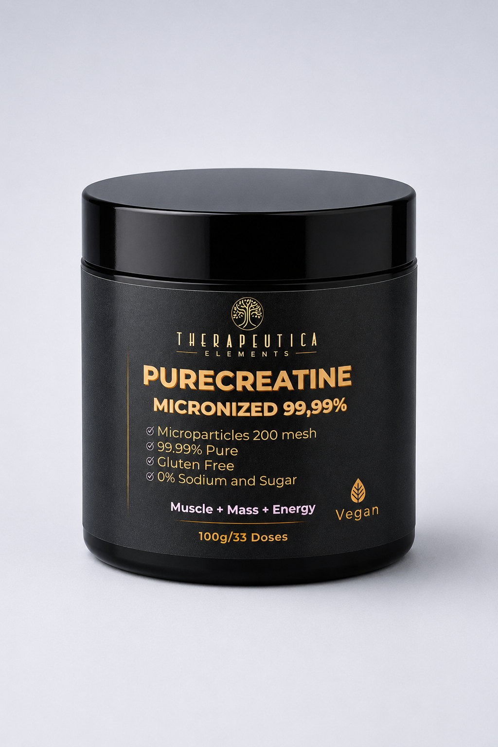 Pote preto de Purecreatine Micronized 99,99% Therapeutica Elements com 200g