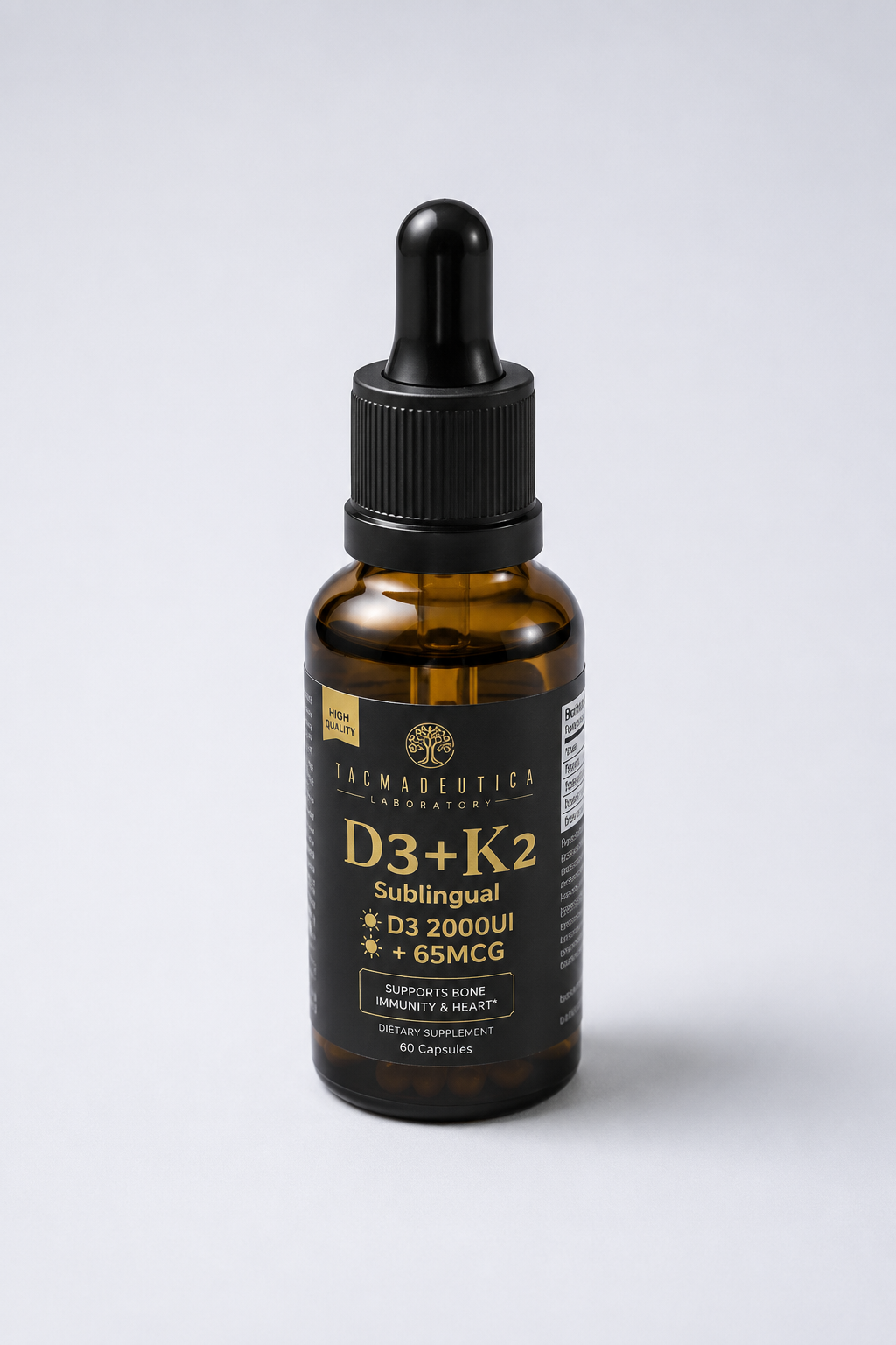 Frasco âmbar com conta-gotas de Vitamina D3 2000UI + K2 65mcg Sublingual, 30mL