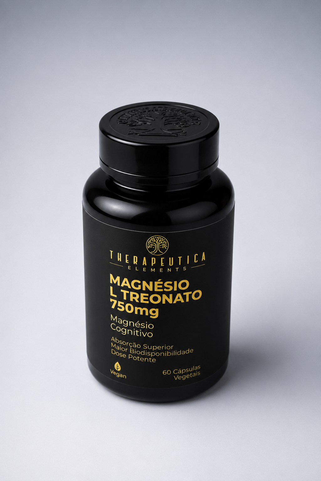 Frasco preto de Magnésio L-Treonato 750mg Cognitivo com 60 cápsulas vegetais