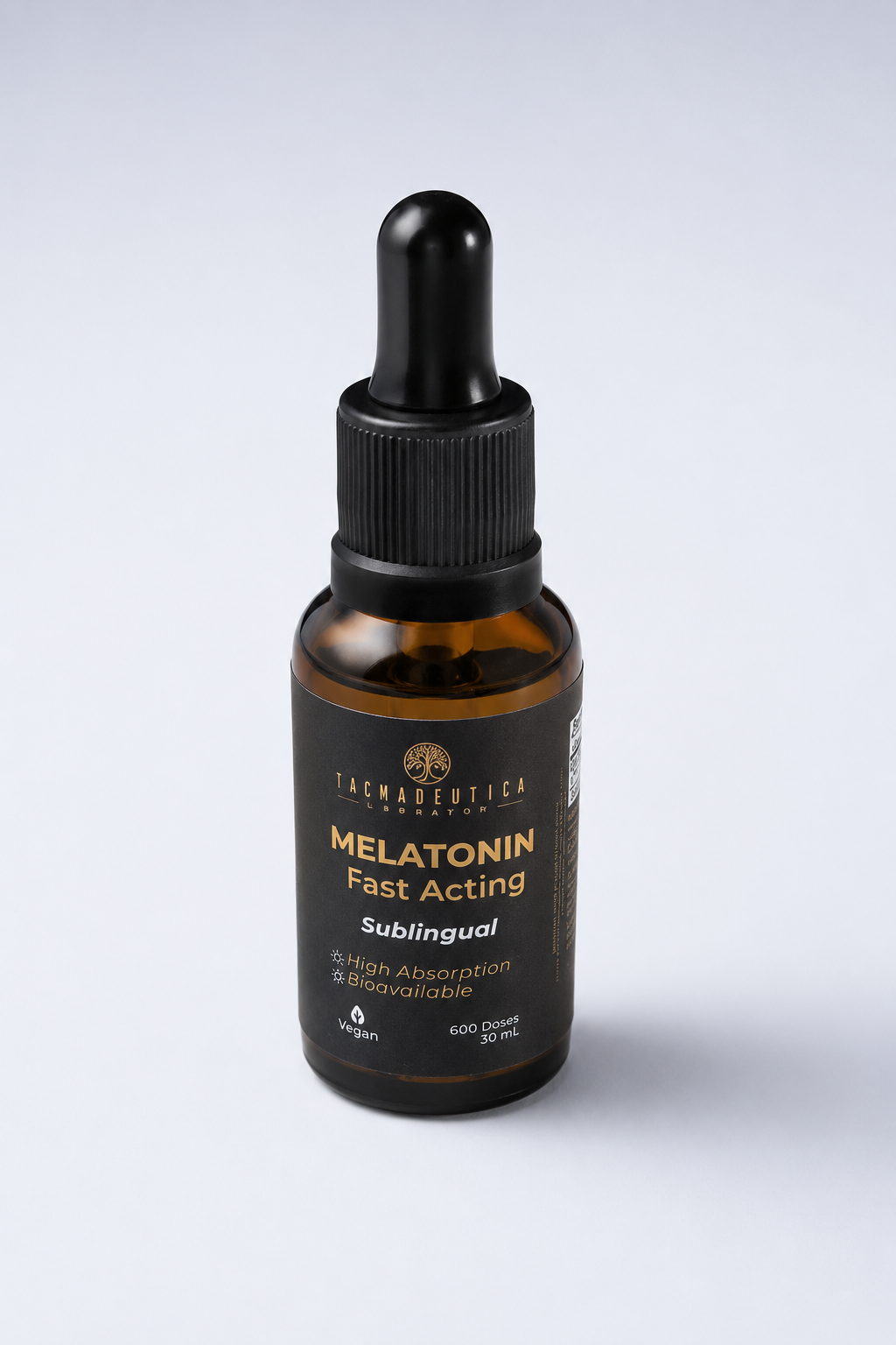Frasco âmbar com conta-gotas de Melatonina Fast Acting Sublingual 600 doses / 30mL