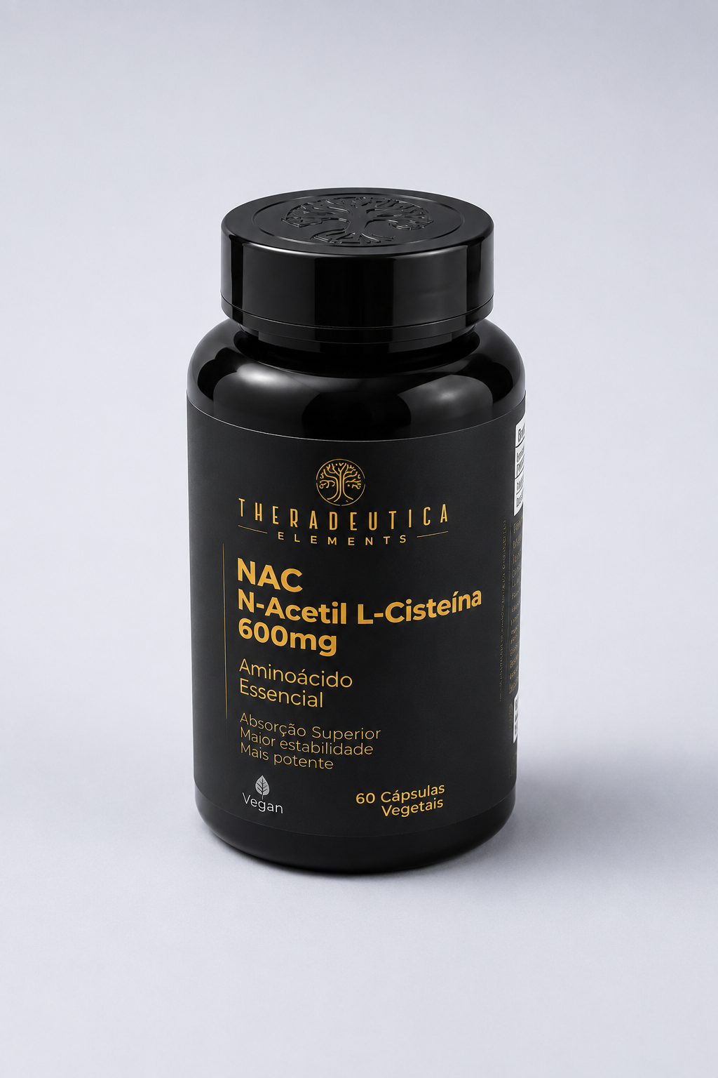 Frasco preto de NAC N-Acetil L-Cisteína 600mg com 60 cápsulas vegetais · aminoácido essencial