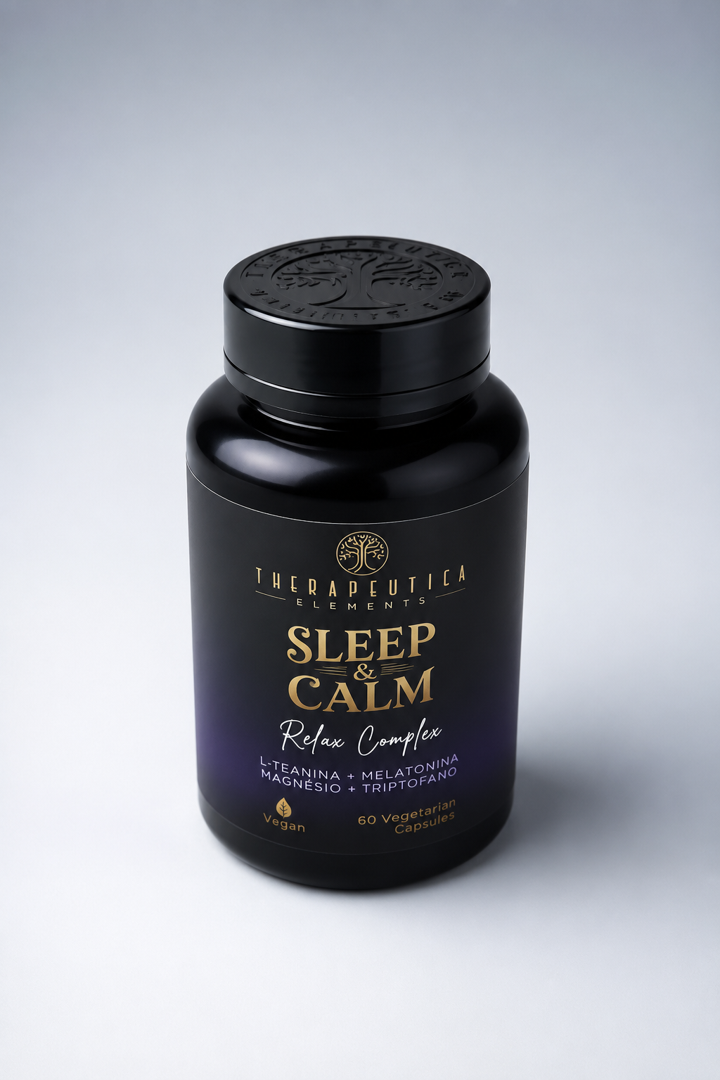 Frasco preto de Sleep & Calm Relax Complex Therapeutica Elements com 60 cápsulas vegetarianas