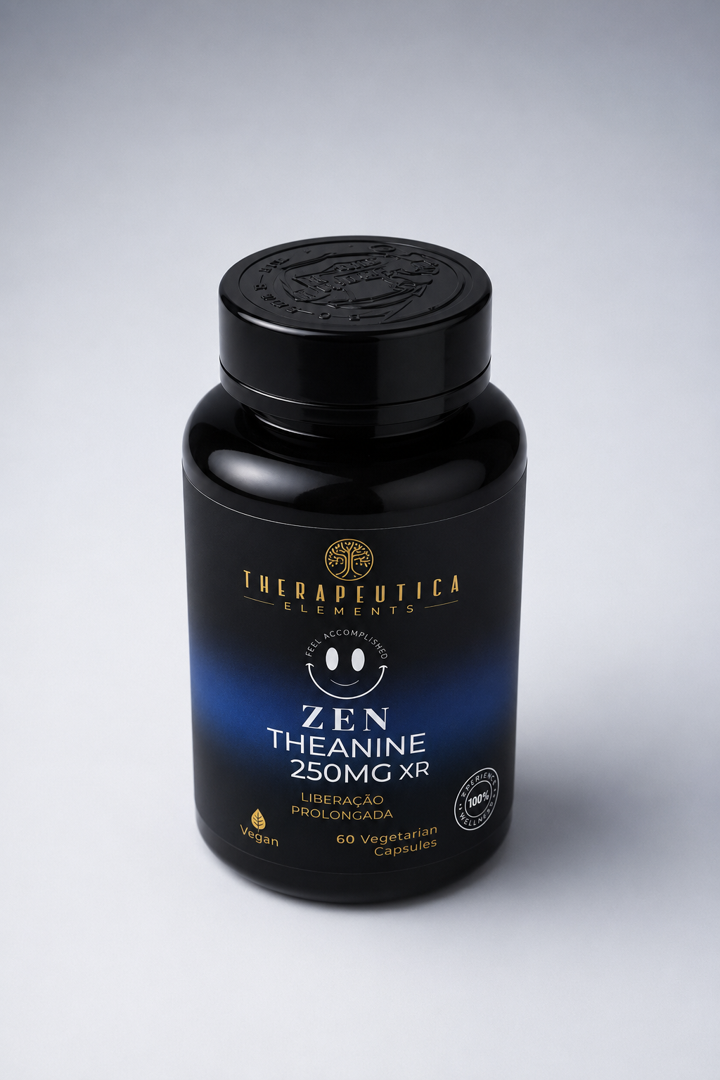 Frasco preto azulado de Zen Theanine 250mg XR liberação prolongada, 60 cápsulas vegetarianas